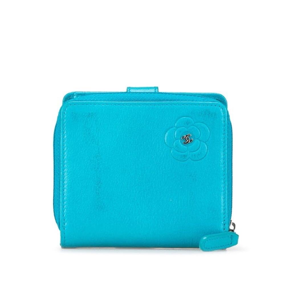 Chanel Lambskin Camellia CC Logo Bifold Wallet Light Blue